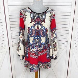 Melissa Paige‎ Paisley Damask Print Bell Sleeve Knit Tunic Top Red Cream Small